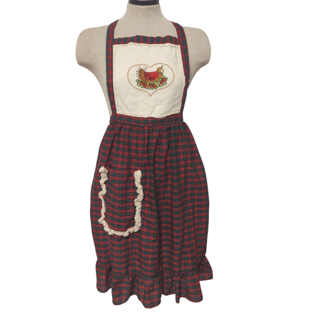 Vintage Handmade Cross-stitched Christmas Apron Plaid Lace Holiday-54